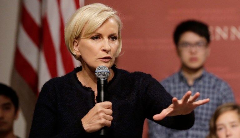 MSNBC television anchor Mika Brzezinski, co-host of the show "Morning Joe," takes questions from an audience, Wednesday, Oct. 11, 2017, at a forum called Harvard Students Speak Up: A Town Hall on Politics and Public Service, at the John F. Kennedy School of Government, on the campus of Harvard University, in Cambridge, Mass.