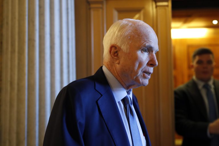 Sen. John McCain, R-Ariz., speaks to reporters on Capitol Hill in Washington.