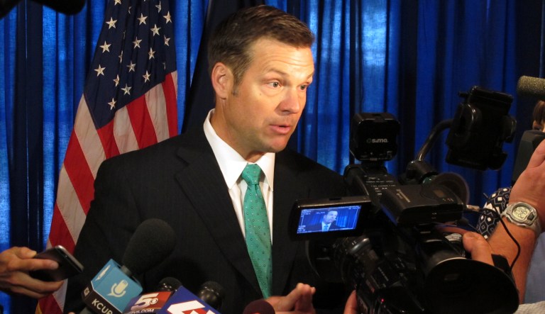 Kansas Secretary of State Kris Kobach speaks to supporters as he launches his campaign for the Republican nomination for governor in Lenexa, Kan., on June 8, 2017.