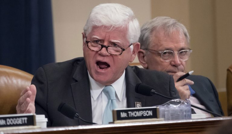 Rep. John Larson, D-Conn., joined by Rep. Earl Blumenauer, D-Ore., right, makes a point as the House Ways and Means Committee continues its debate over the Republican tax reform package, on Capitol Hill in Washington, Wednesday, Nov. 8, 2017. 