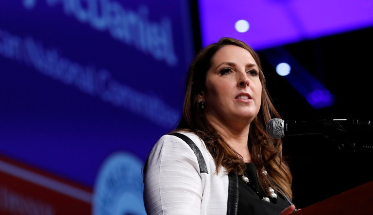 Republican National Committee Chairwoman Ronna Romney McDaniel speaks during the Republican Party of Iowa's annual Reagan Dinner, Wednesday, Nov. 8, 2017, in Des Moines, Iowa.