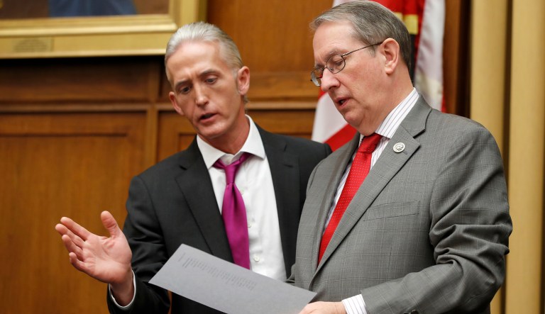Rep. Trey Gowdy, R-S.C., left, speaks with Judiciary Committee Chairman Bob Goodlatte, of Virginia during a break in a hearing with Attorney General Jeff Sessions, on Capitol Hill, Tuesday, Nov. 14, 2017 in Washington.