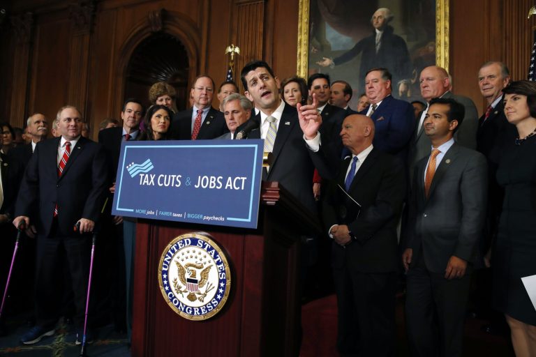 FILE - In this Thursday, Nov. 16, 2017 file photo, House Speaker Paul Ryan of Wis., joined by House Republicans, speaks to the media following a vote on tax reform, on Capitol Hill in Washington.  A popular deduction targeted in the GOPâs overhaul of the tax code is used by more than a quarter of all filers in a majority of states, including many led by Republicans where some residents eventually could see their federal tax bills rise.