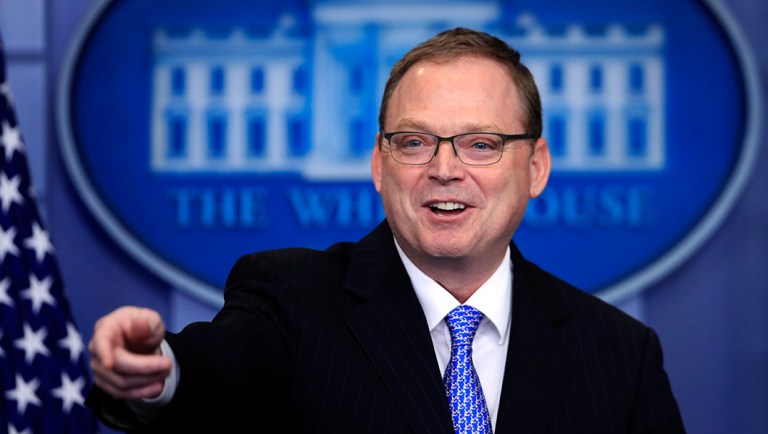 Kevin Hassett, chair of the Council of Economic Advisers talks to reporters during a press briefing in the Brady press briefing room at the White House.