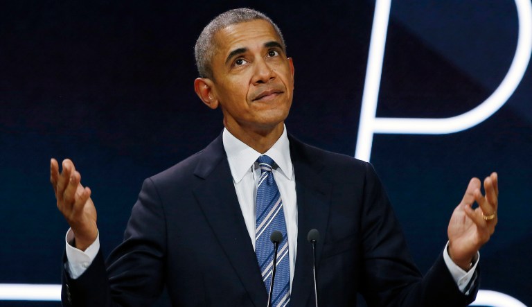 FILE - In this Saturday, Dec. 2, 2017, file photo, former U.S. President Barack Obama arrives on stage prior to delivering a speech in Paris. Carter Wilkerson, a guy with an insatiable appetite for chicken nuggets, and Obama are among the most retweeted tweets of the year. On Tuesday, Dec. 5, 2017, Twitter released its top trending people and subjects ranging from the arts, to politics, to Korean boy bands.
