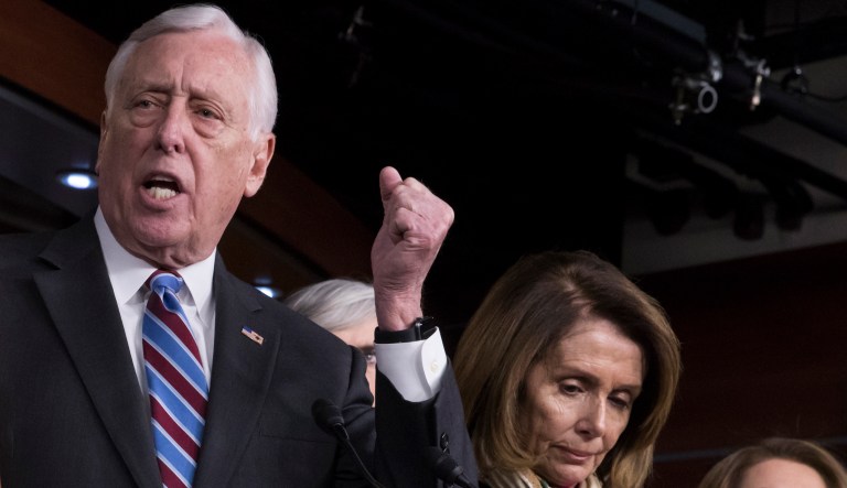 House Minority Whip Steny Hoyer, D-Md., and House Minority Leader Nancy Pelosi, D-Calif., attend a news conference at the Capitol in Washington, Saturday, Jan. 20, 2018.