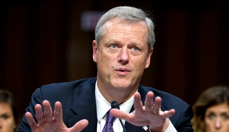 Massachusetts Gov. Charlie Baker speaks at a hearing.