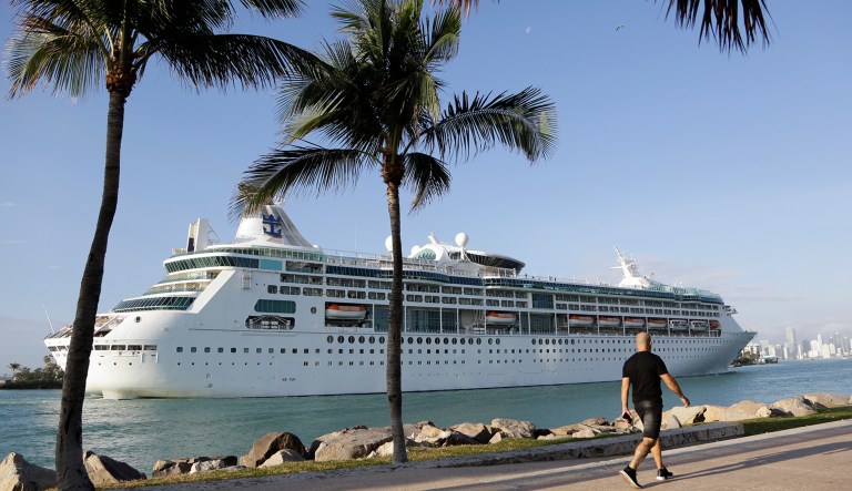 A Royal Caribbean cruise ship travels near some palm trees.