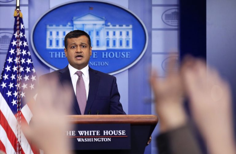 White House deputy press secretary Raj Shah speaks during the daily press briefing in the Brady press briefing room at the White House, in Washington, Thursday, Feb. 8, 2018.