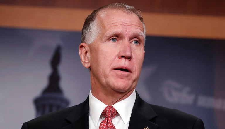 Sen. Thom Tillis, R-N.C., speaks during a news conference on Capitol Hill.