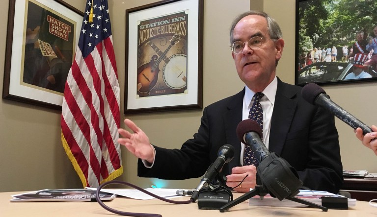 Rep. Jim Cooper, D-Tenn., talks to reporters about election security at his Nashville office Friday.