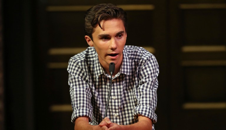 David Hogg, a student survivor from Marjory Stoneman Douglas High School in Parkland, Fla. addresses a community rally at Temple B'nai Abraham on Feb. 25 in Livingston, N.J.