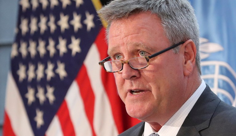 In this Aug. 1, 2017, file photo, Scott Blackmun, CEO of the U.S. Olympic Committee, speaks at Yongsan Garrison, a U.S. military base in Seoul, South Korea.