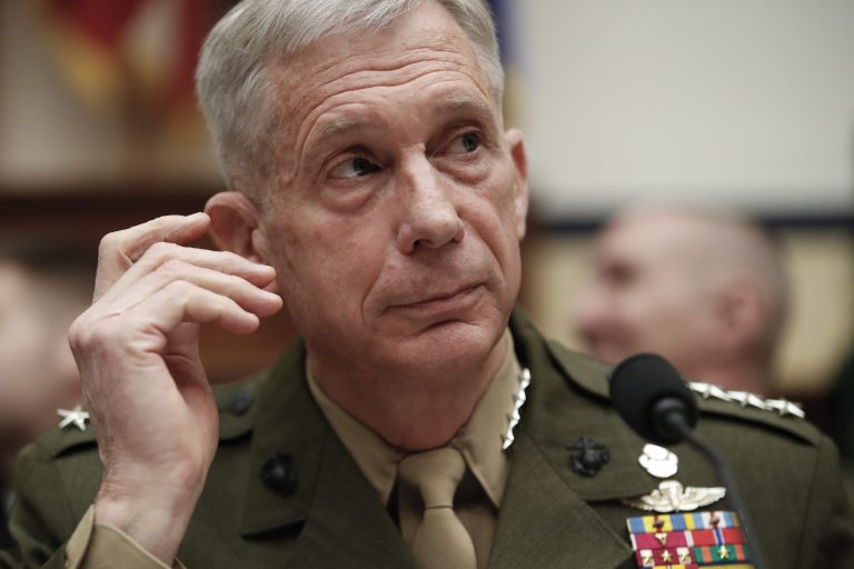 Marine Gen. Thomas Waldhauser pauses before the start of a hearing before the House Armed Services Committee on Capitol Hill in Washington.