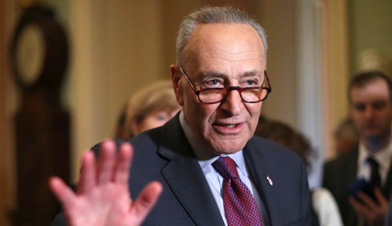 Senate Minority Leader Chuck Schumer, D-N.Y., speaks to reporters on Capitol Hill in Washington.