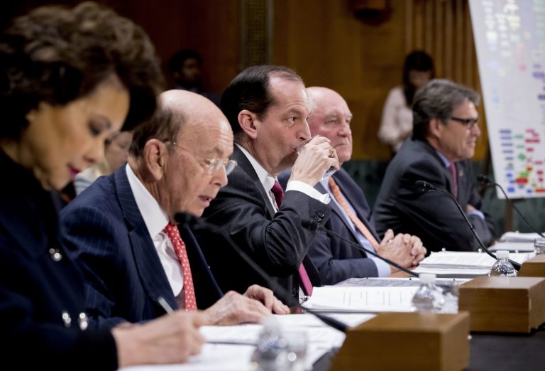 From left, Transportation Secretary Elaine Chao, Commerce Secretary Wilbur Ross, Labor Secretary Alex Acosta, Agriculture Secretary Sonny Perdue, and Energy Secretary Rick Perry appear before the Senate Committee on Commerce, Science, and Transportation.
