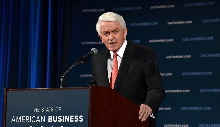 In this Jan. 10, 2018, file photo, U.S. Chamber of Commerce President and CEO Thomas Donohue delivers his annual "State of American Business" address at the Chamber of Commerce in Washington.