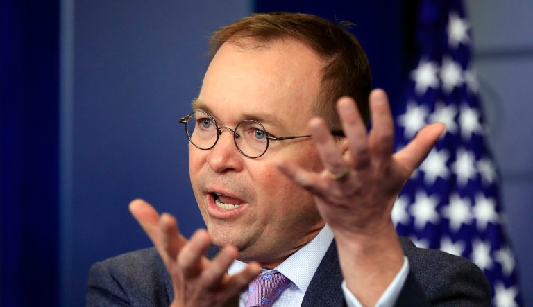 Office of Management and Budget Director Mick Mulvaney talks to reporters in the Brady press briefing room at the White House in D.C.
