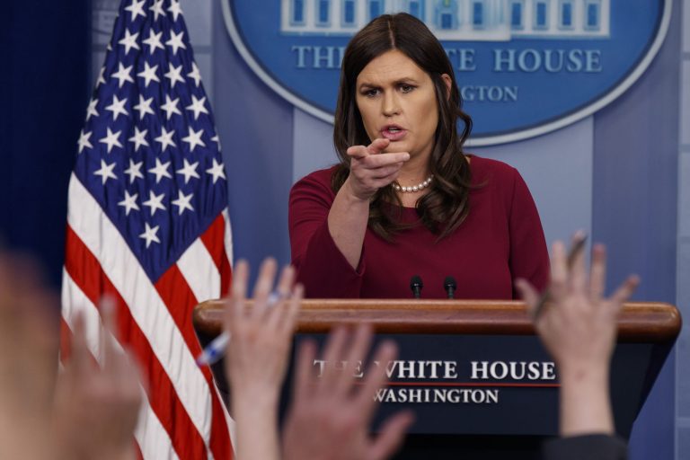 White House press secretary Sarah Huckabee Sanders speaks during the daily press briefing at the White House, Tuesday, April 10, 2018, in Washington.