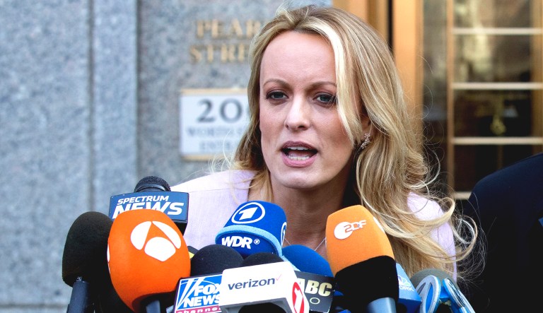 Stormy Daniels speaks outside federal court in New York.