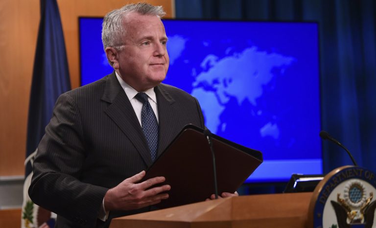 Deputy Secretary of State John Sullivan finishes speaking during a news conference at the State Department in Washington, Friday, April 20, 2018.