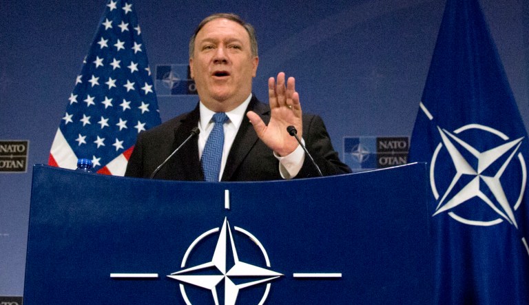 U.S. Secretary of State Mike Pompeo speaks during a media conference at the conclusion of a meeting of NATO foreign ministers at NATO headquarters in Brussels on Friday, April 27, 2018. Talks on Friday focused on strained ties with Russia, a fresh peace effort in Afghanistan and a new training mission for Iraq. 