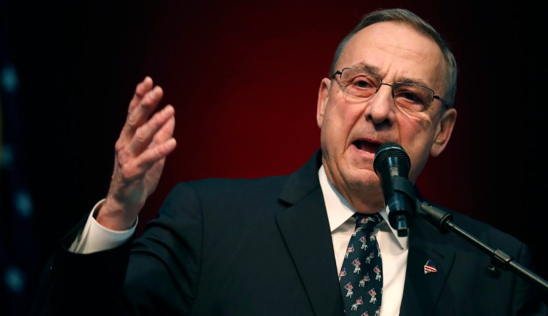 Gov. Paul LePage speaks at the Republican Convention, Saturday, May 5, 2018, in Augusta, Maine. 