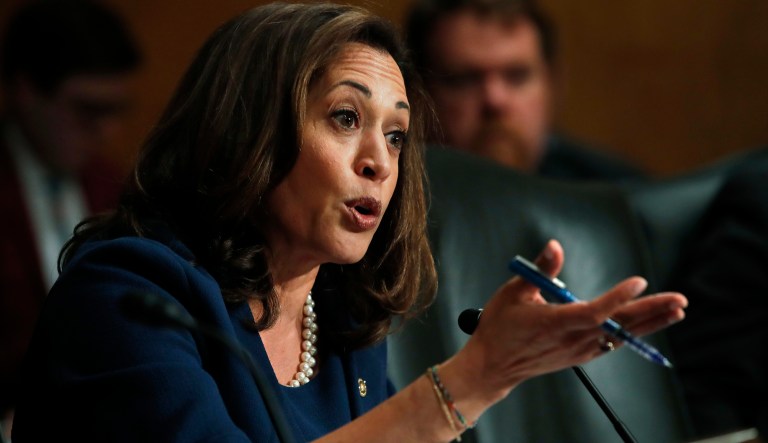 Sen. Kamala Harris, D-Calif., poses a question to Homeland Security Secretary Kirstjen Nielsen during a Senate Homeland Security Committee hearing on May 15, 2018.