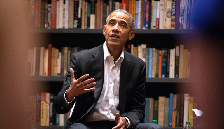 Former President Barack Obama speaks to Obama Foundation Fellows gathered at Stony Island Arts Bank on May 16 in Chicago.