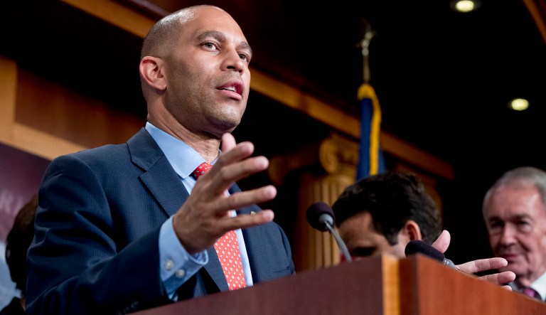 Rep. Hakeem Jeffries, D-N.Y., speaks at a news conference on Capitol Hill in Washington, Wednesday, May 16, 2018, after the Senate passes a resolution to reverse the FCC decision to end net neutrality.