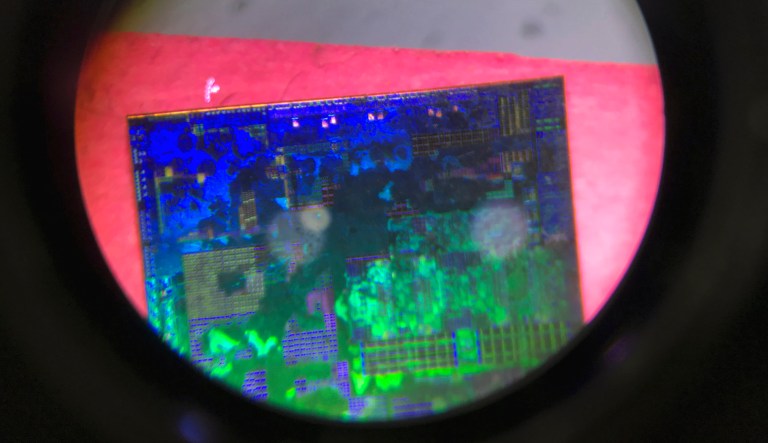 A Chinese microchip is seen through a microscope.