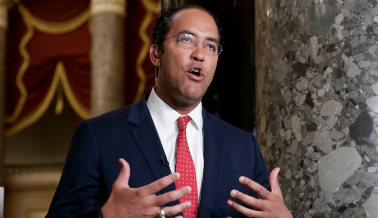 During a TV news interview, Rep. Will Hurd, R-Texas, answers questions about immigration, border security and time running out to rewrite a trade pact with Canada and Mexico as negotiations stall on the North American Free Trade Agreement, on Capitol Hill in Washington, Friday, May 18, 2018.