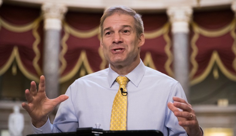 Rep. Jim Jordan, R-Ohio, a key member of the House Freedom Caucus, does a TV news interview at the Capitol in Washington, D.C.