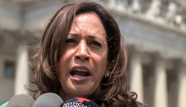 Sen. Kamala Harris, D-Calif., joins an women's advocacy group, MomsRising, to protest against threats by President Donald Trump against Central American asylum-seekers to separate children from their parents along the southwest border to deter migrants from crossing into the United States, at the Capitol in Washington, Wednesday, May 23, 2018.
