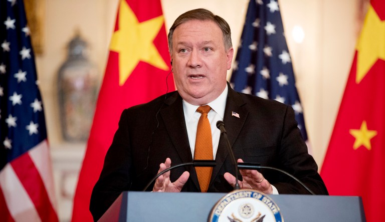 Secretary of State Mike Pompeo speaks during a news conference at the State Department in Washington.