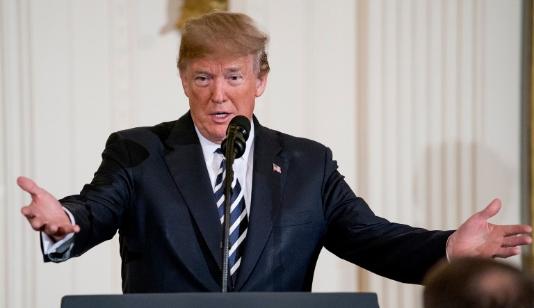 President Trump speaks during a ceremony at the White House.