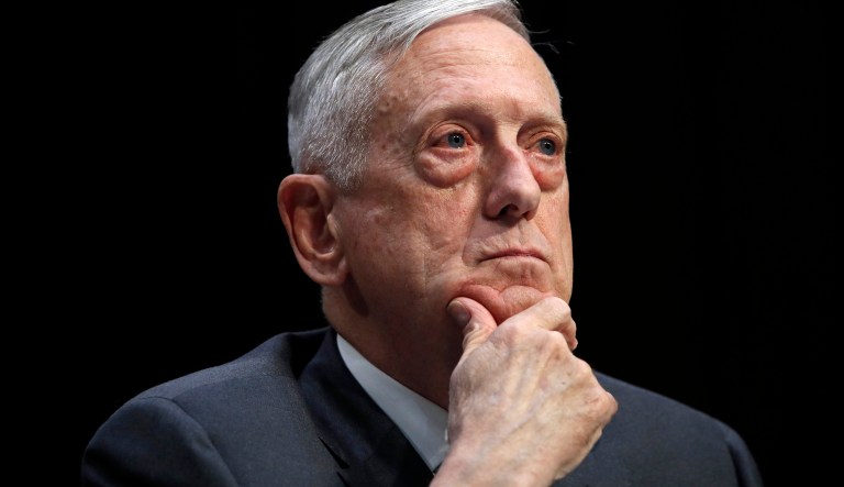 FILE - In this April 26, 2018, file photo, Defense Secretary Jim Mattis listens to a question during a hearing on Capitol Hill in Washington. 