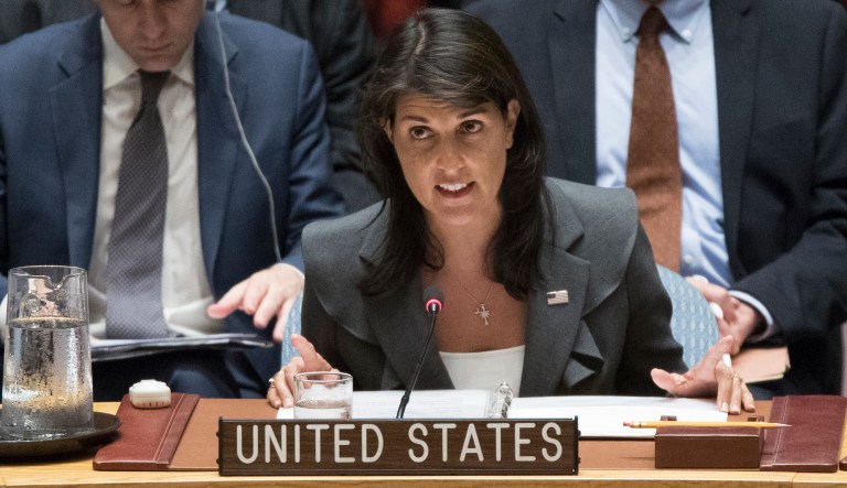 U.S. Ambassador to the United Nations Nikki Haley speaks during a Security Council meeting on the situation between the Israelis and the Palestinians, Friday, June 1, 2018 at United Nations headquarters.