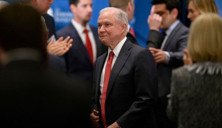 U.S. Attorney General Jeff Sessions is greeted as he arrives to deliver remarks at the Michigan Chapter of the Federalist Society's Annual Dinner & Grano Award Presentation at the Inn at St. John's, in Plymouth,  Mich., Thursday, May 31, 2018.
