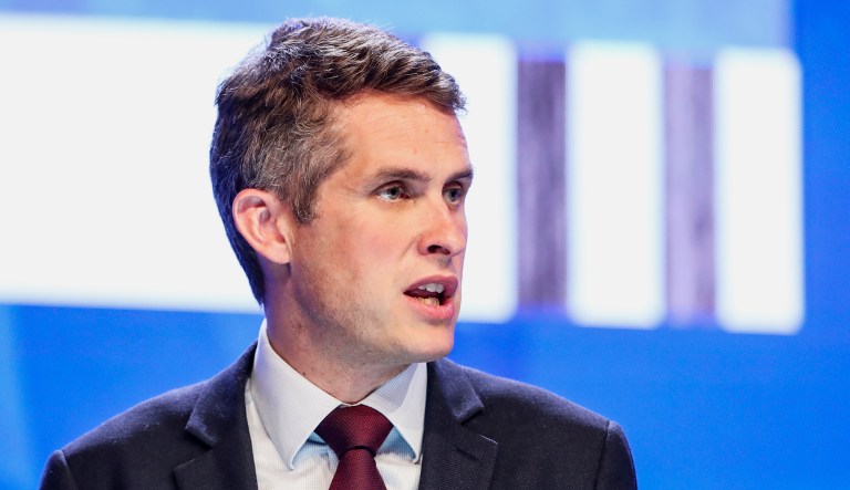 U.K. Defense Secretary Gavin Williamson delivers his speech.