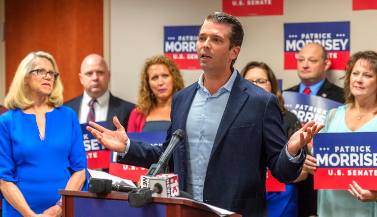Donald Trump Jr., son of President Trump, speaks during a press conference at the state's GOP headquarters while campaigning with West Virginia Attorney General and GOP Senate candidate Patrick Morrisey on Tuesday in Charleston, W.Va.