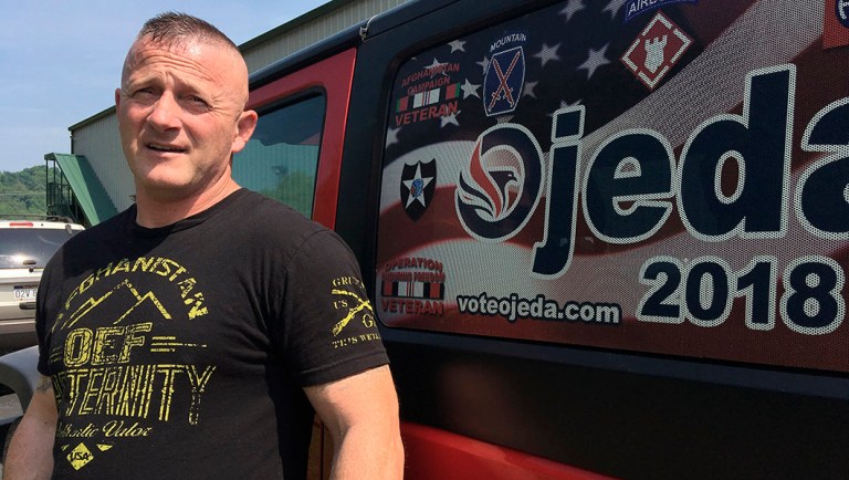 Richard Ojeda talks outside his campaign headquarters in Logan, W.Va.