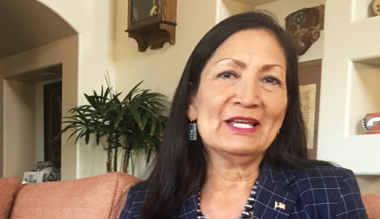 Deb Haaland, a Democratic candidate for Congress for central New Mexico's open seat and a tribal member of the Laguna Pueblo, speaks at her Albuquerque home.
