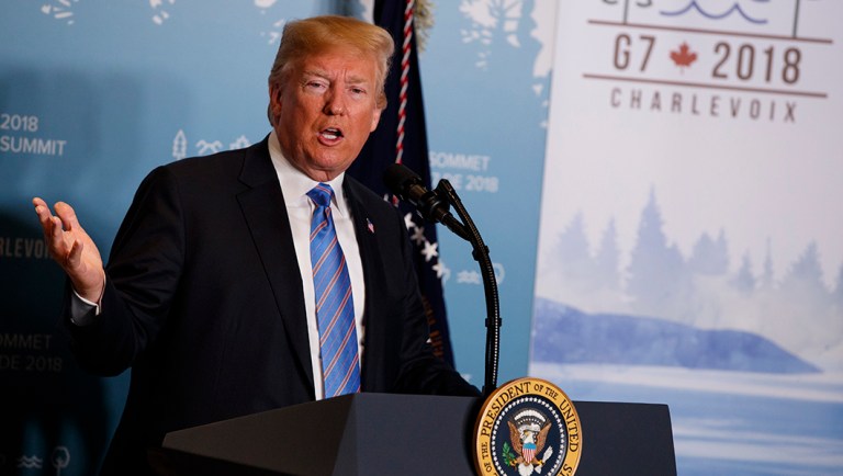President Donald Trump speaks during a news conference at the G-7 summit, Saturday, June 9, 2018, in La Malbaie, Quebec, Canada. 