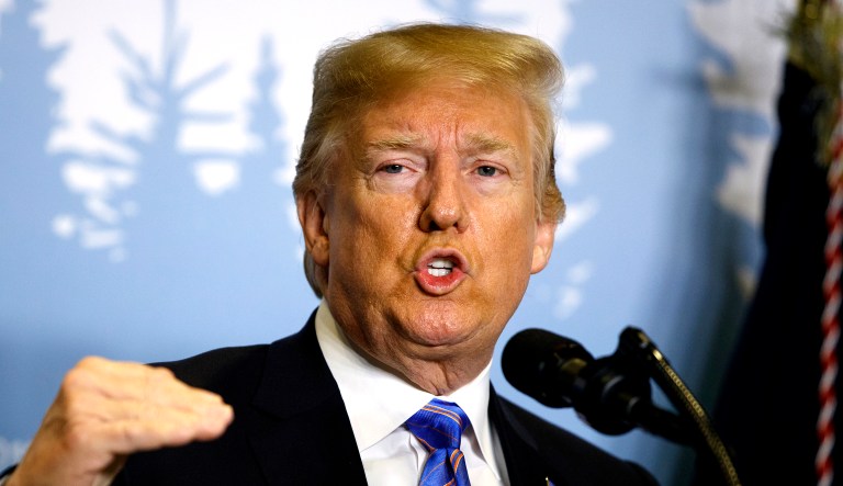 President Trump speaks during a news conference at the G-7 summit on Saturday in La Malbaie, Quebec, Canada.