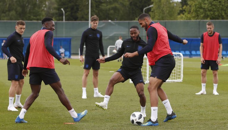 England's Raheem Sterling (third right) challenges England's Ruben Loftus-Cheek (second right) for the ball during a training session for the England team at the 2018 soccer World Cup, in the Spartak Zelenogorsk stadium, Zelenogorsk near St. Petersburg, Russia.