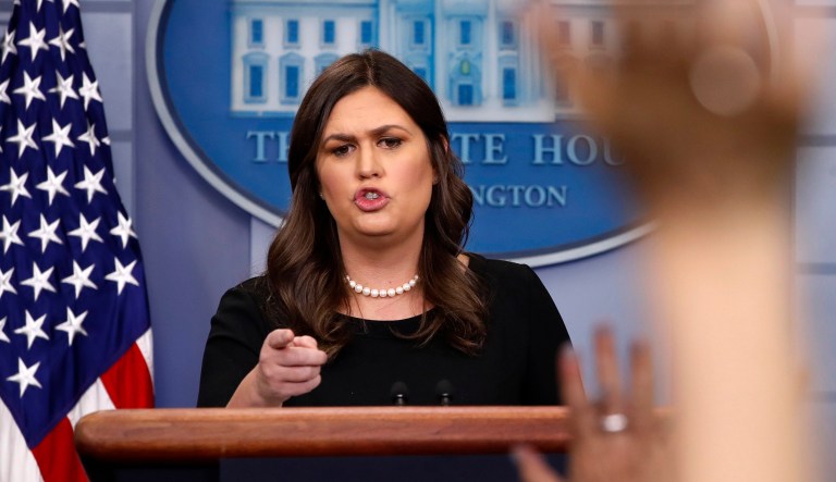 White House press secretary Sarah Huckabee Sanders calls on reporters during the daily briefing in the Briefing Room of the White House in Washington.