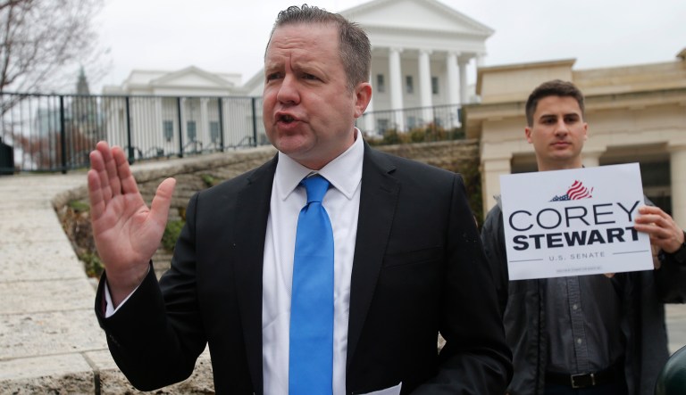 Virginia GOP senatorial hopeful Corey Stewart gestures during a news conference at the Capitol in Richmond, Va., on Feb. 22, 2018.