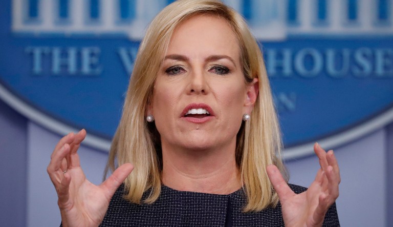Homeland Security Secretary Kirstjen Nielsen speak to the media during the daily briefing in the Brady Press Briefing Room of the White House, Monday, June 18, 2018.