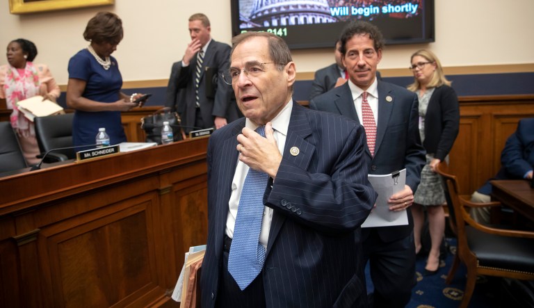Rep. Jerrold Nadler, D-N.Y., the ranking member of the House Judiciary Committee, followed at right by Rep. Jamie Raskin, D-Md., leads the panel's Democrats out of the hearing room briefly after waiting for Republican members of the committee to arrive more than an hour after the scheduled start time, on Capitol Hill in Washington, Tuesday, June 26, 2018. The committee eventually met on their months-long standoff with the Justice Department on the request by the Republican-controlled panel for documents related to the origins of the FBI's Russia investigation and the handling of its probe into Democrat Hillary Clinton's emails. Democrats charge the subpoena undermines special counsel Robert Mueller's investigation into the Trump campaign's Russia ties and whether there was obstruction of justice. 